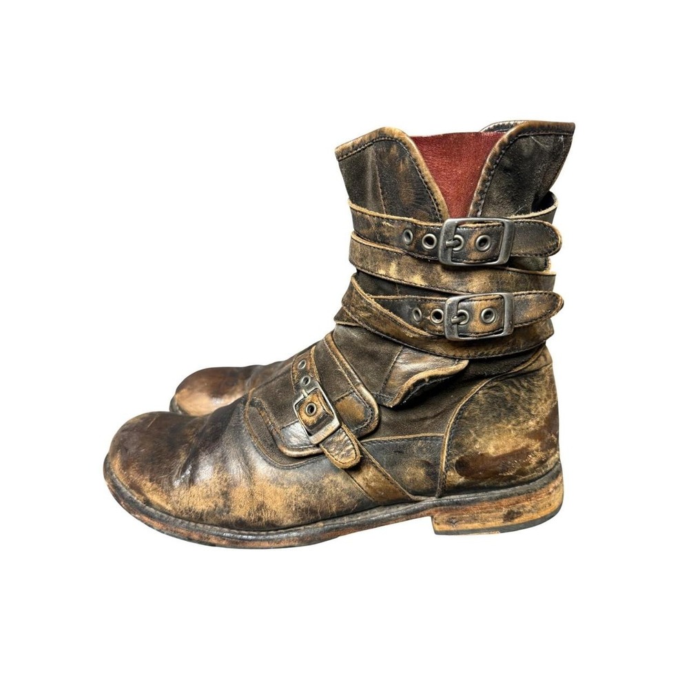 John Varvatos Engineer Triple Buckle Boots 8.5 Distressed Leather Moto Italy